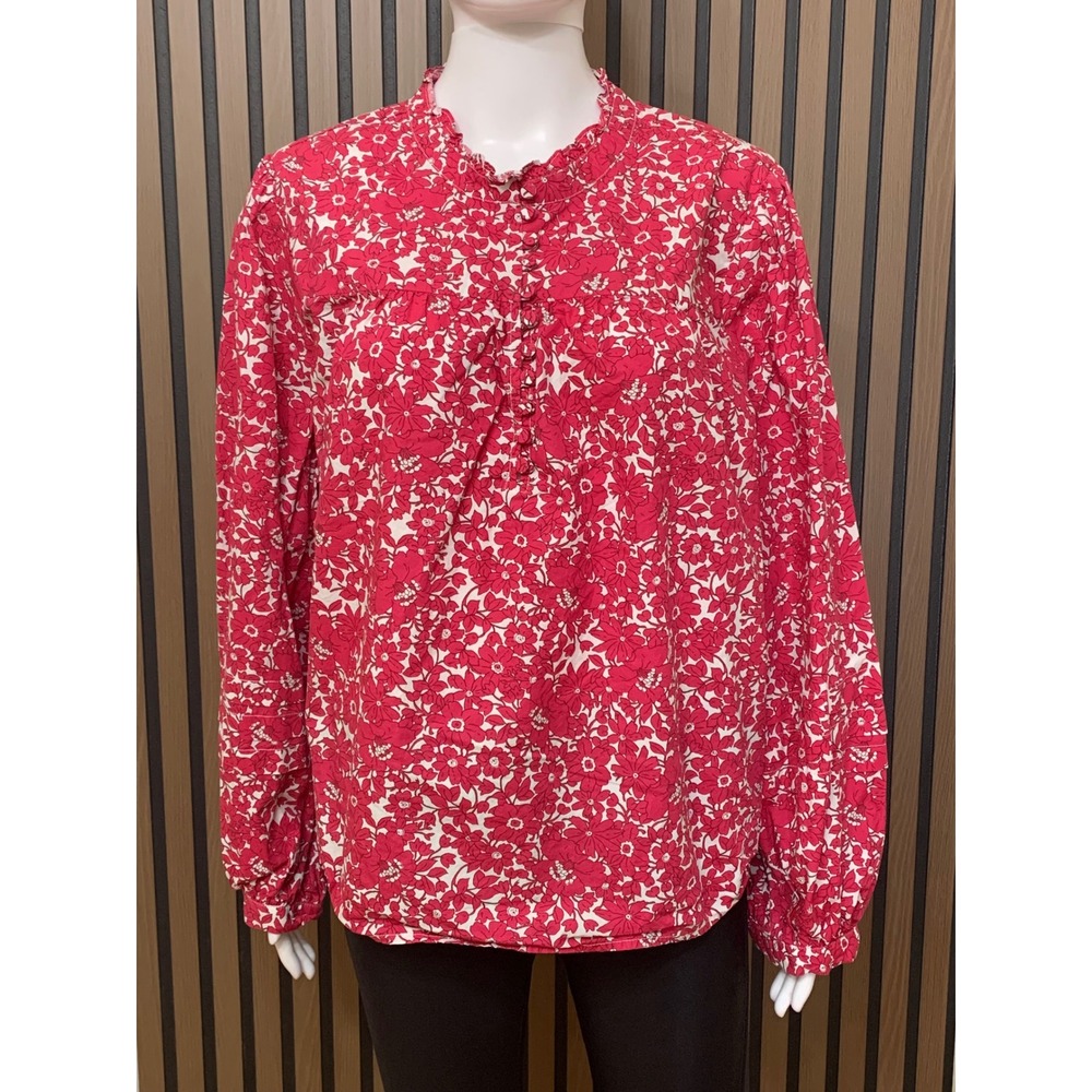 J.Crew Women's XXL Red White Floral Ruffle Neck Cotton Blouse Long Sleeve Top